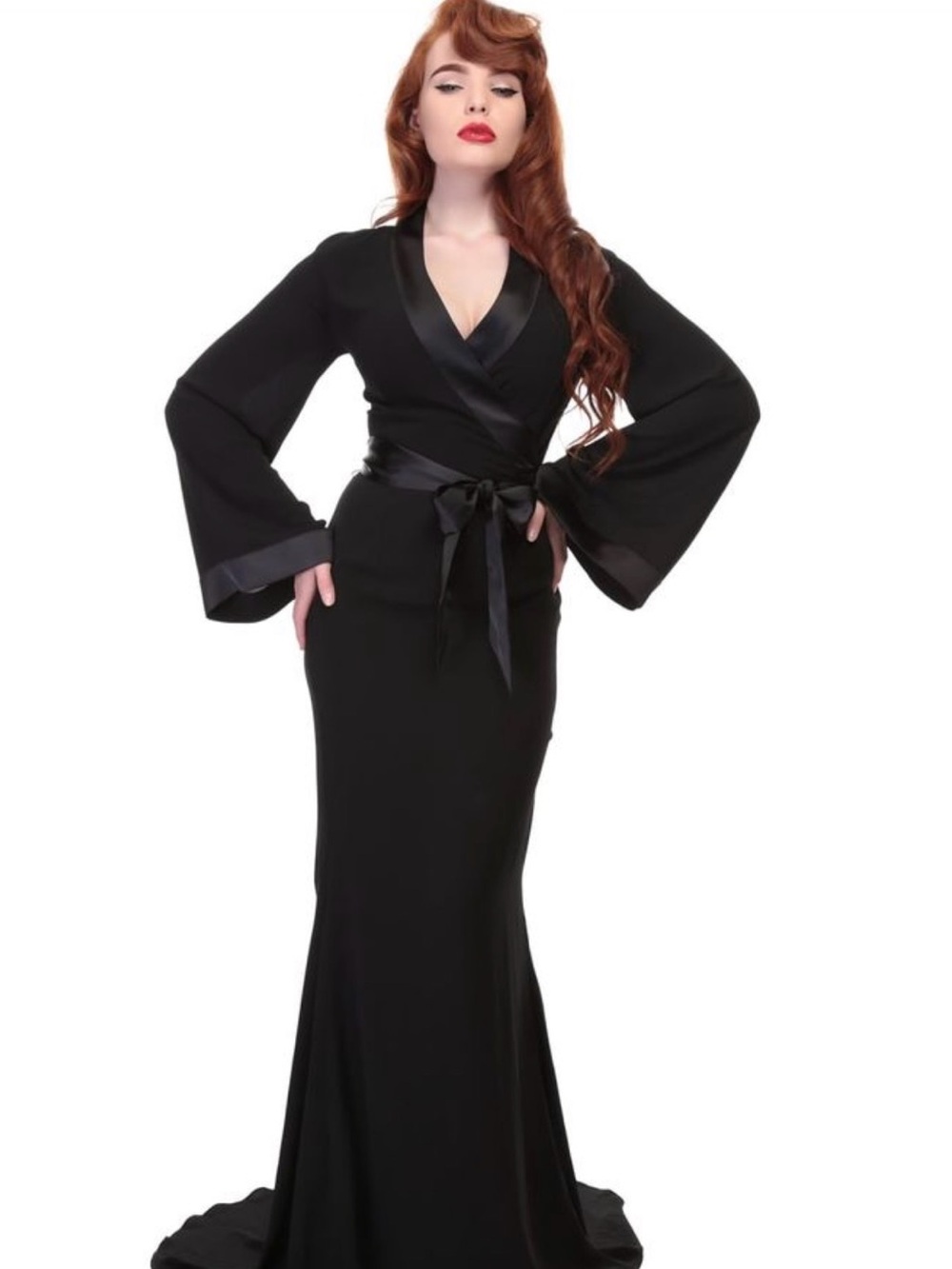Elegant Black Wrap-Front Maxi Dress with Satin Trim Collectif Vintage sz med